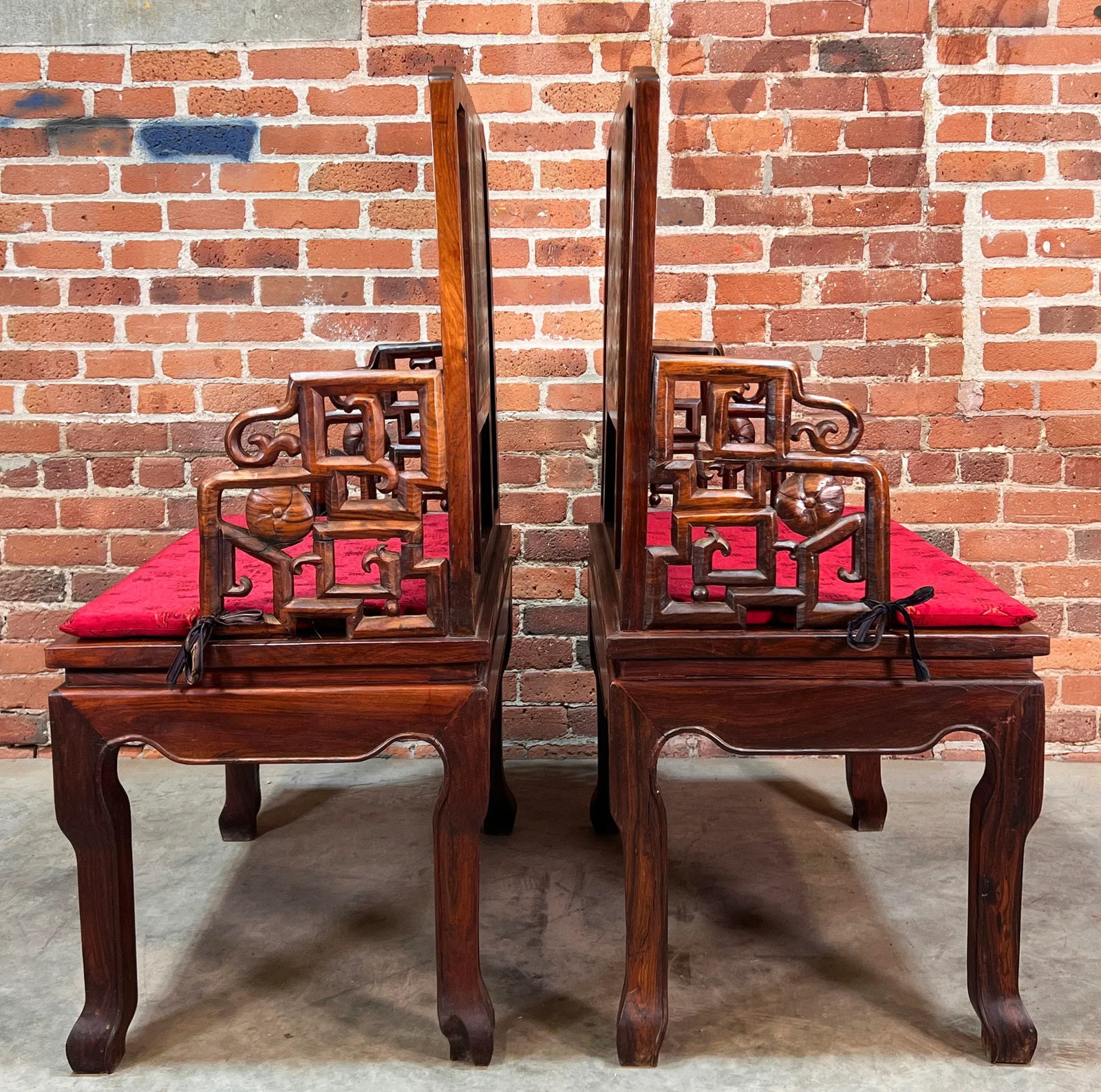 Vintage Carved Chinese Rosewood Arm Chairs With Inset Stone Backs - a Pair - 6