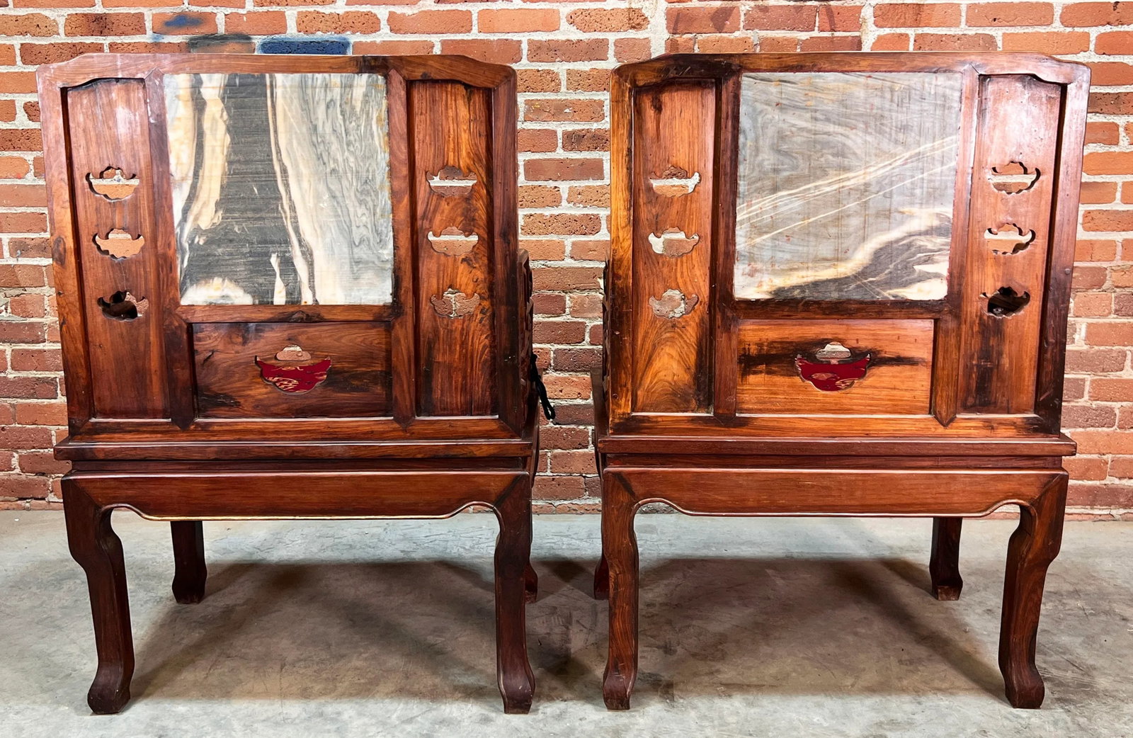 Vintage Carved Chinese Rosewood Arm Chairs With Inset Stone Backs - a Pair - 8