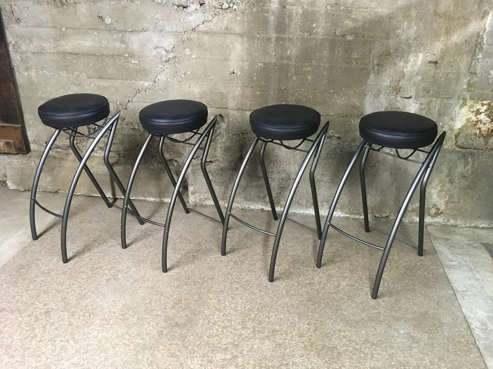 Set of Four Unique Postmodern Memphis-Style Bar Stools With Sharp Angular Gunmetal Tubular Steel Fra - 12