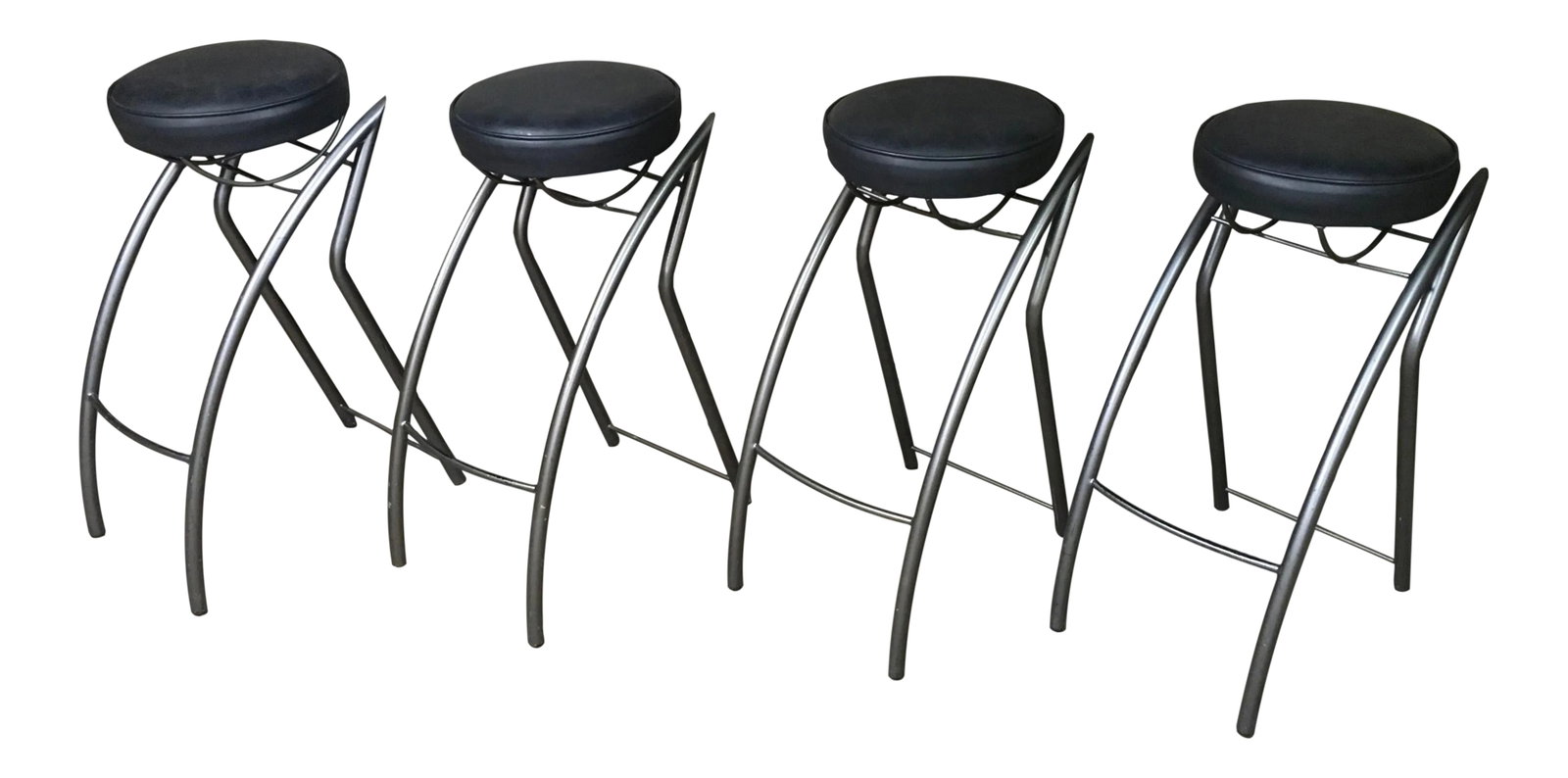 Set of Four Unique Postmodern Memphis-Style Bar Stools With Sharp Angular Gunmetal Tubular Steel Fra: A rare set of four striking postmodern bar stools featuring sculptural, sharp angular tubular steel bases finished in a sophisticated grey gunmetal tone. These stools showcase bold Memphis-inspired