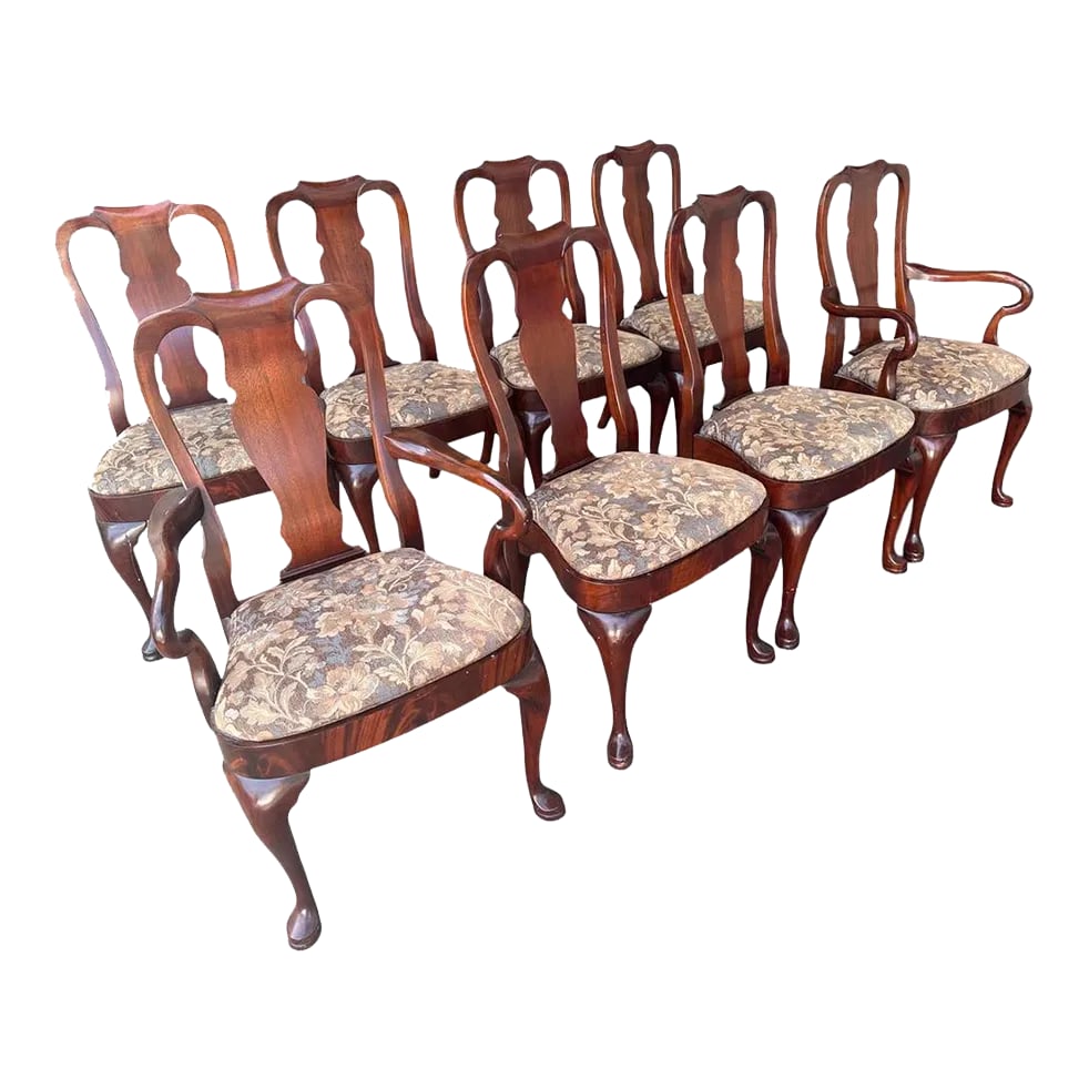 Set of 8 Hickory Chair Furniture Company Flame Mahogany Queen Anne Dining Chairs - Vintage Late 20th (1 of 8)