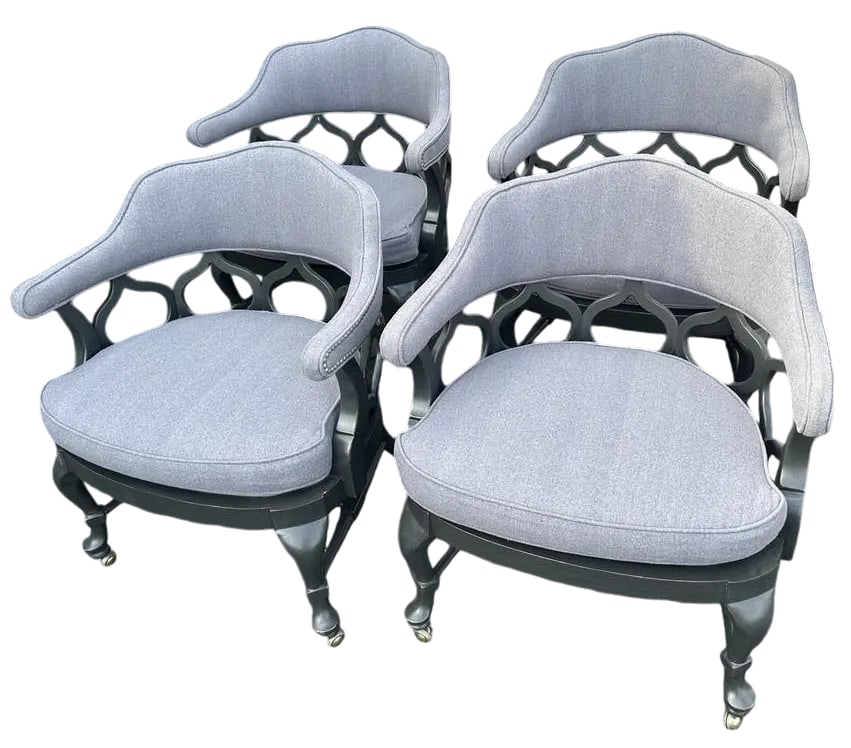 1960s Thomasville Hollywood Regency Tub Dining or Conference Room Chairs on Casters With New Upholst: 1960s Thomasville Hollywood Regency Tub Dining or Conference Room Chairs on Casters With New Upholstery - Set of 4. Nailhead trim. Condition: Alterations: Original Design Modified Imperfections: Some 