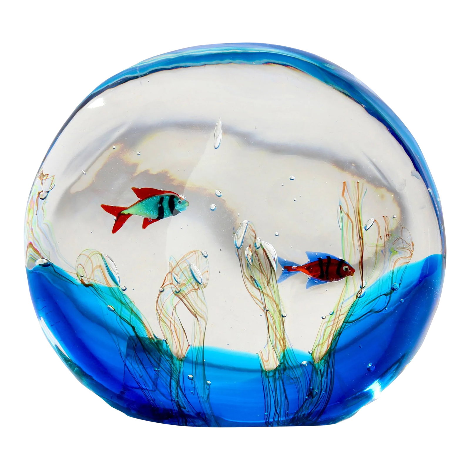Licio Zantti Signed Murano Glass Fishbowl: Stunning hand-blown Murano glass artwork by Lico Zanetti. Intricately crafted fish and seaweed, creating a vibrantly colored underwater scene. Whether displayed on a shelf, mantle, or as a