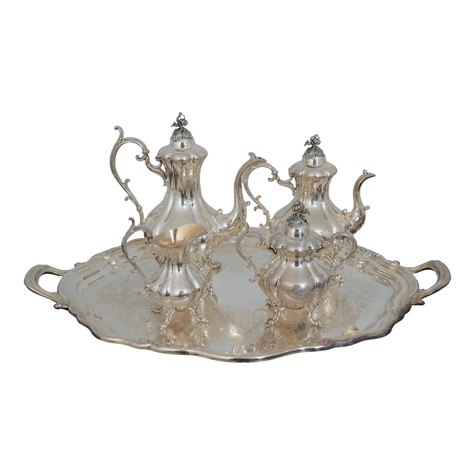 1970s Reed & Barton Winthrop Silver Plate Tea Set With Tray- 4 Pieces: Age: Approx: 40 Years Old Details: Winthrop Collection Ornate Details Quality Construction Silver Plate Condition: Excellent Original Finish & Condition Well Cared For w. Minor Light Tarnishing Size: