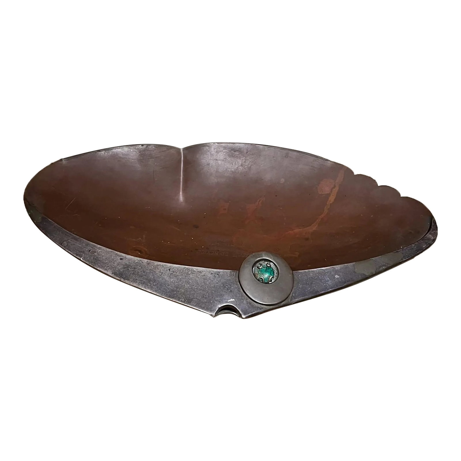 1950s Los Castillo Decorative Bronze Fish Shaped Bowl Taxco Mexico: AMBIANIC presents Mixed metal decorative dish large bronze bowl fish shape Signed Los Castillo made in Taxco Mexico 1950s Bronze copper brass and silver. Fisheye is a green stone. Three footed brass.