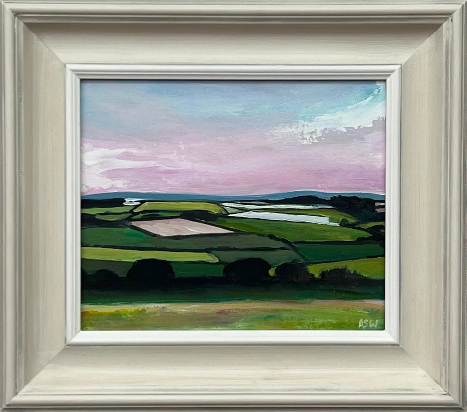 Angela Wakefield, Patchwork quilt of vibrant green pasture, ploughed fields and farmland hedgerows,: Patchwork quilt of vibrant green pasture, ploughed fields and farmland hedgerows with pink sky at dusk in the English Countryside by Contemporary British Artist, Angela Wakefield. Art measures 12 x
