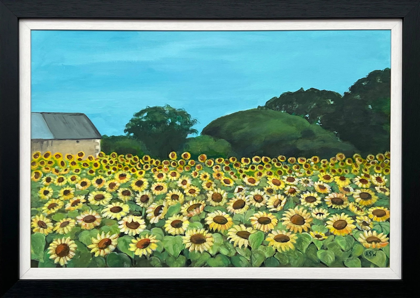Field of Sunflowers in Summertime in France II by Contemporary British Artist: Field of Sunflowers in the Summertime in France II by Contemporary British Artist, Angela Wakefield Art measures 30 x 20 inches Frame measures 35 x 25 inches This painting depicts a vibrant and