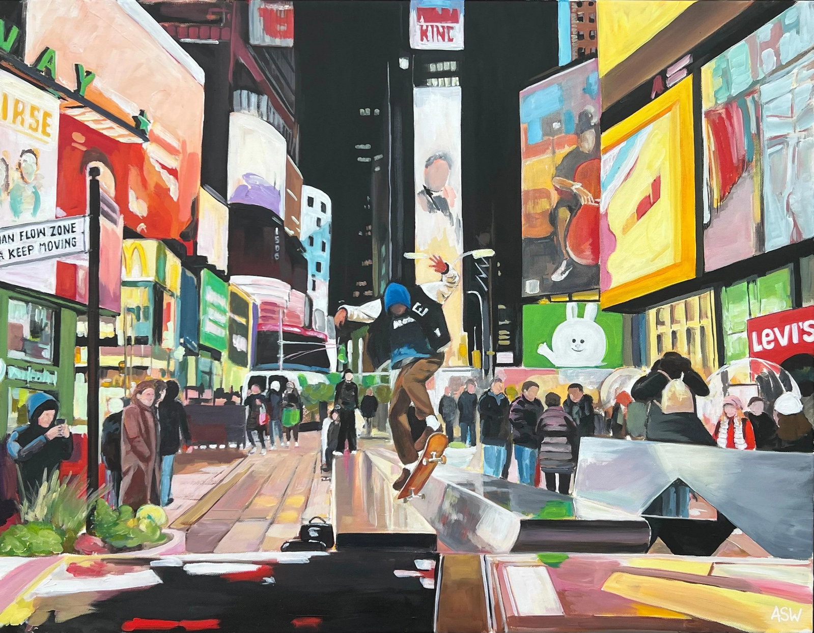 Angela Wakefield, Skate Boarder Times Square New York City after the Rain by British Urban Artist, 2: Skate Boarder in Times Square New York City, after the Rain, by British Urban Landscape Artist, Angela Wakefield. This unique original is a major work to continue her epic New York Series which now