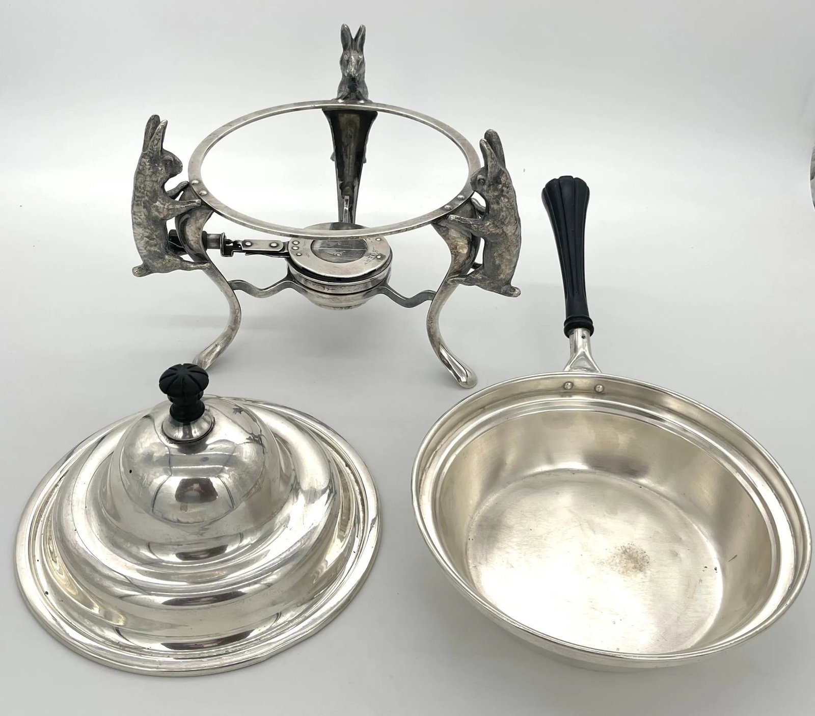 Joseph Heinrichs Silverplated & Ebony 3-D Rabbit Chafing Dish, Circa 1904 - 6