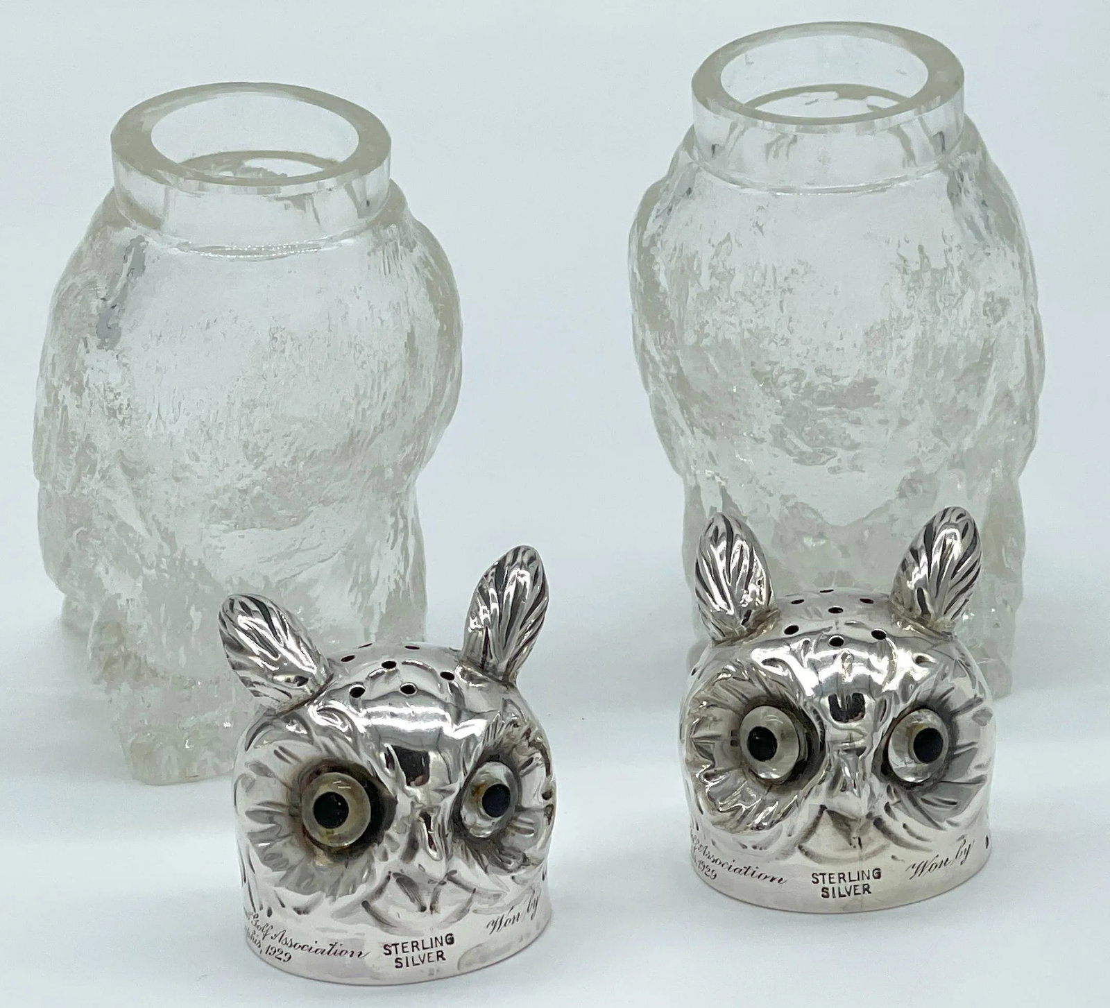 Austrian Art Deco 'Rock Crystal' & Sterling Owl Salt & Pepper Shakers - a Pair - 11