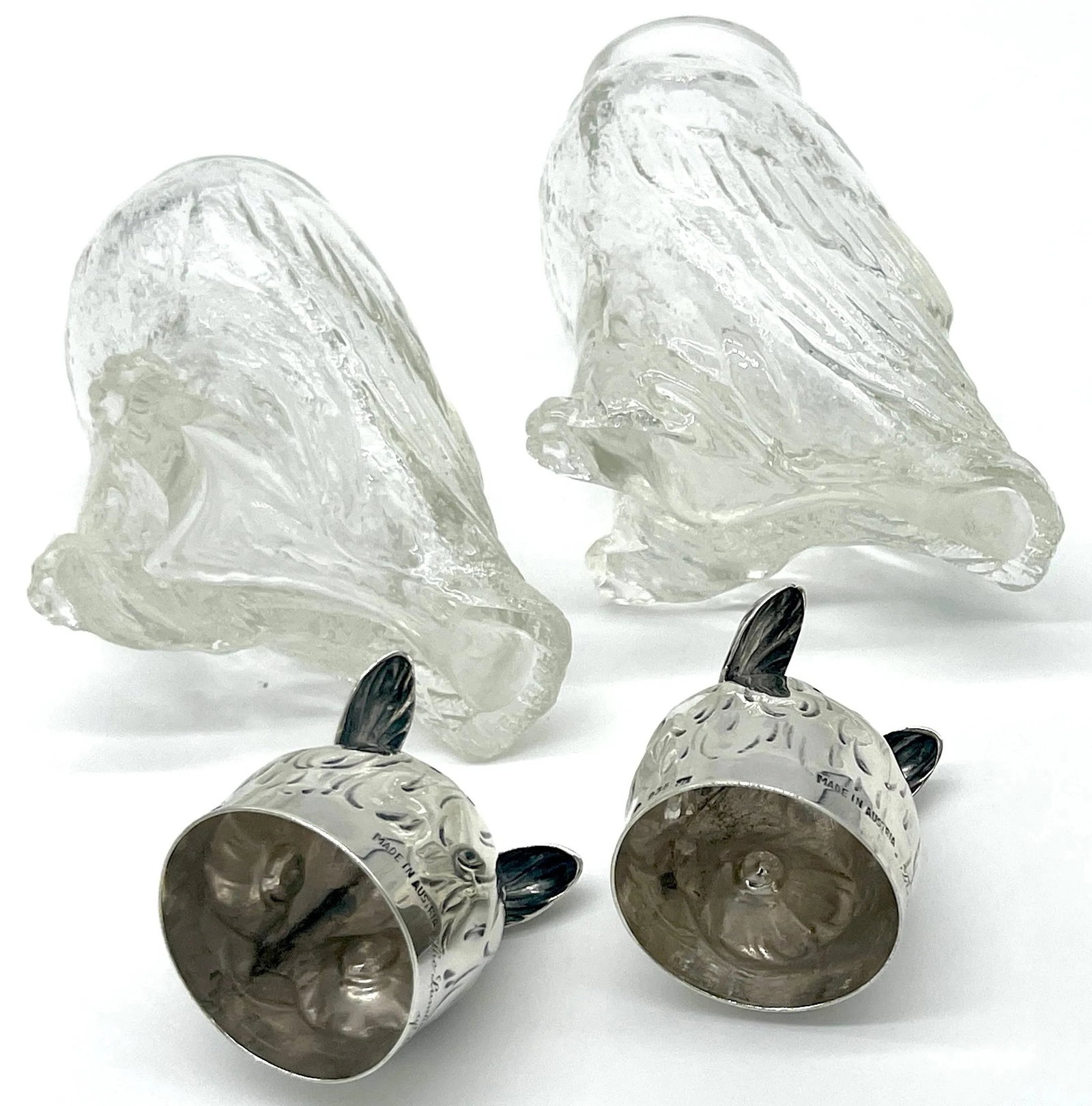 Austrian Art Deco 'Rock Crystal' & Sterling Owl Salt & Pepper Shakers - a Pair - 12