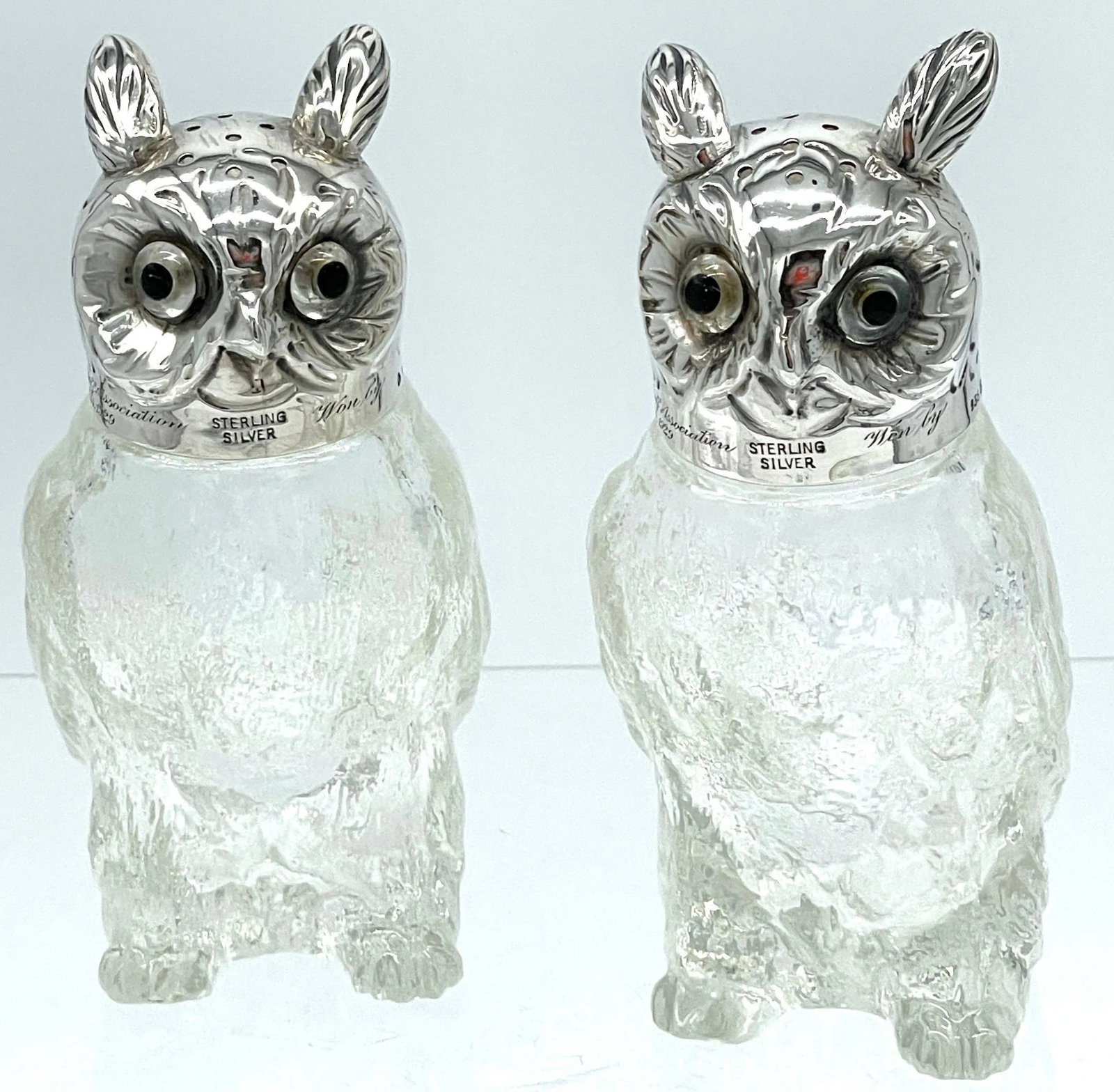 Austrian Art Deco 'Rock Crystal' & Sterling Owl Salt & Pepper Shakers - a Pair - 5