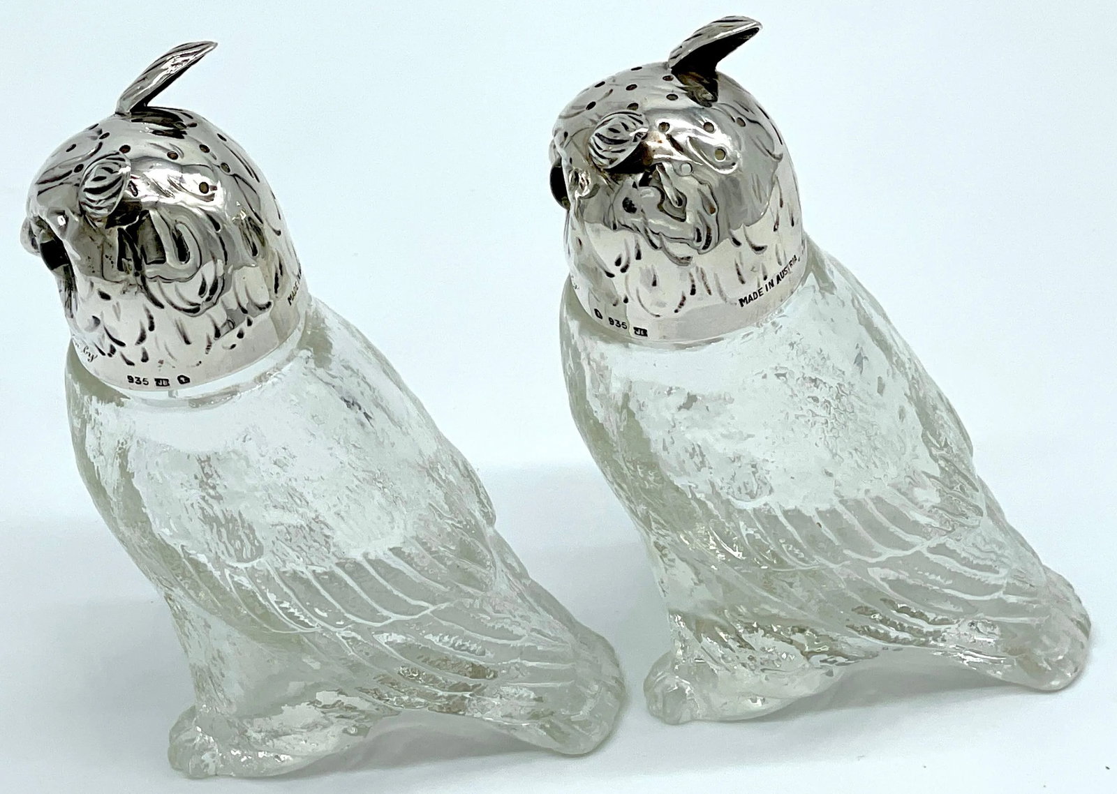 Austrian Art Deco 'Rock Crystal' & Sterling Owl Salt & Pepper Shakers - a Pair - 9