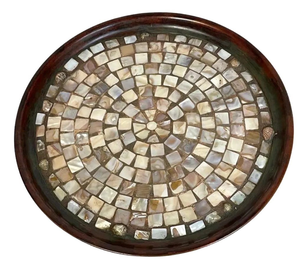 Joseph Heinrichs Native American Style Copper, Abalone & Shell Inlaid Salver: Joseph Heinrich's Native American-style copper, abalone, and shell-inlaid salver of circular form, the patinated copper body with rolled rim, and the center inset with numerous hand-cut abalone