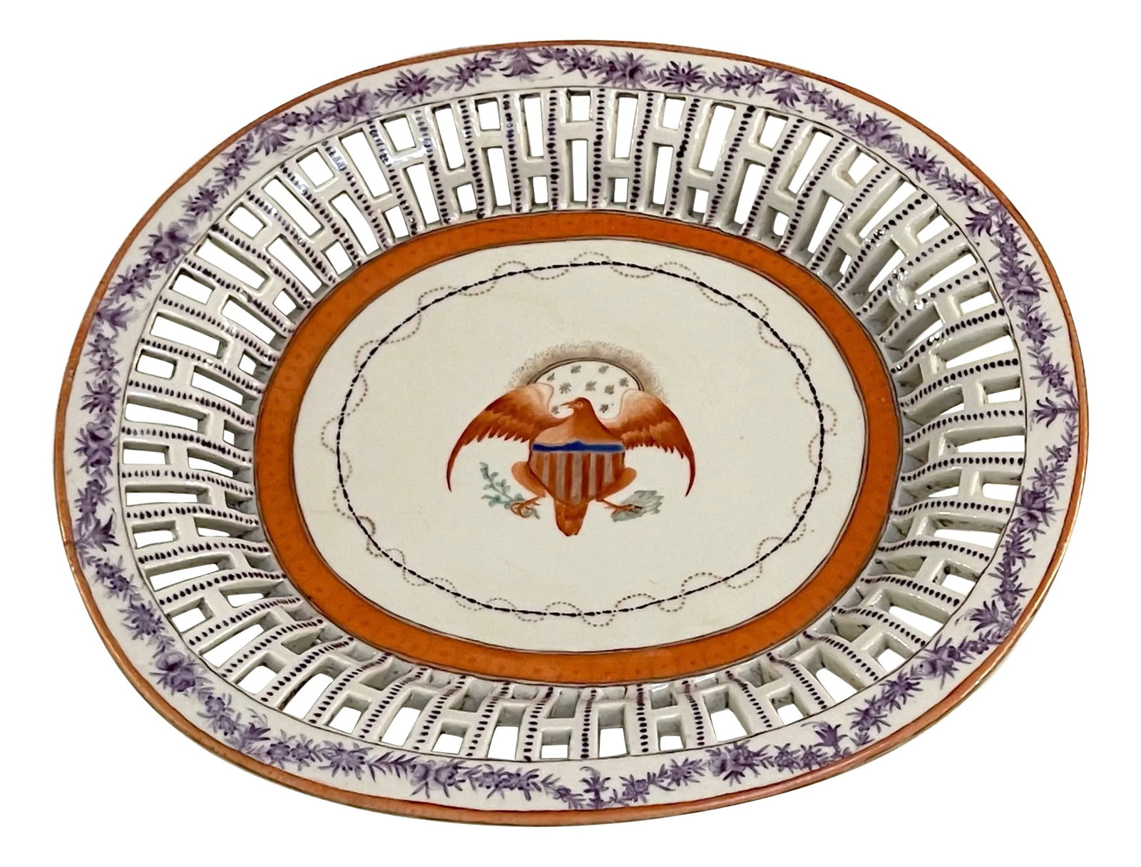 American Market Chinese Export Eagle Armorial Porcelain Oval Reticulated Tray (1 of 11)