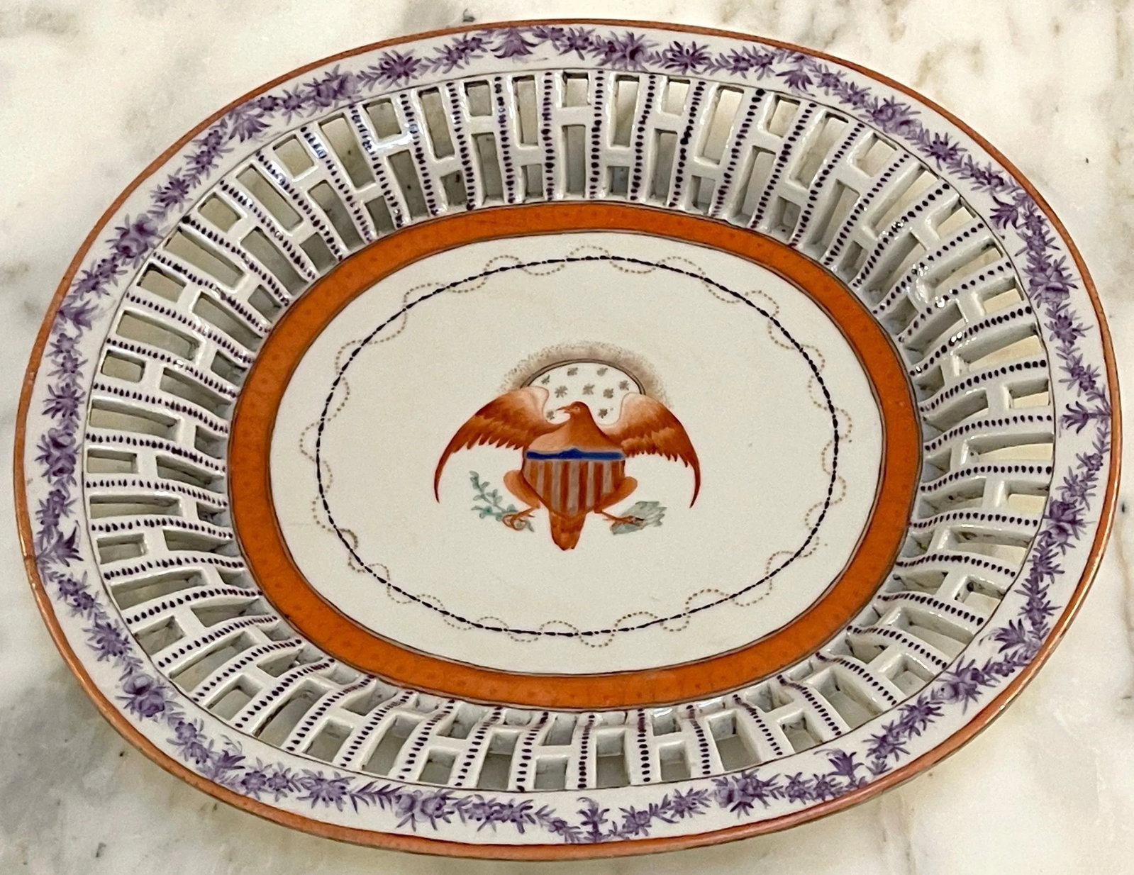 American Market Chinese Export Eagle Armorial Porcelain Oval Reticulated Tray - 4