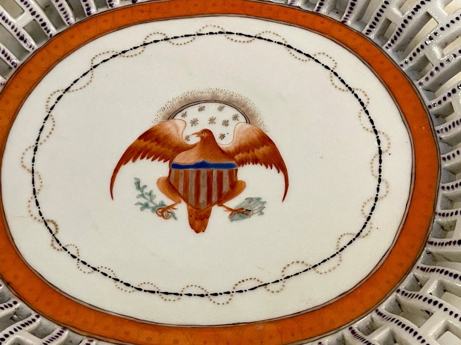 American Market Chinese Export Eagle Armorial Porcelain Oval Reticulated Tray - 5
