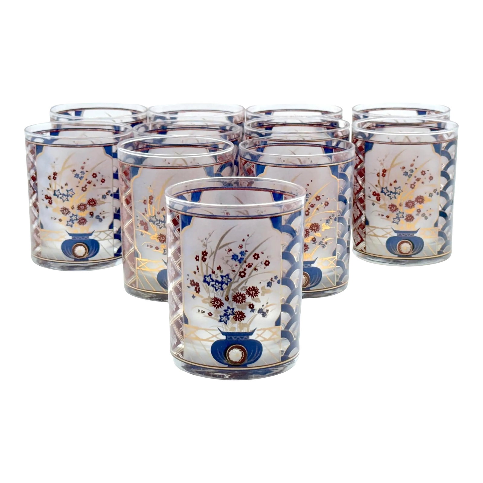 Chinoiserie' Pattern Rocks Glasses/ Tumblers by Culver - Set of 11: 11 'Chinoiserie' Pattern Rocks Glasses/Tumblers by Culver USA, circa 1960s A rare grouping of eleven Culver 'Chinoiserie' pattern rock glasses and tumblers dates back to the 1960s. Each glass