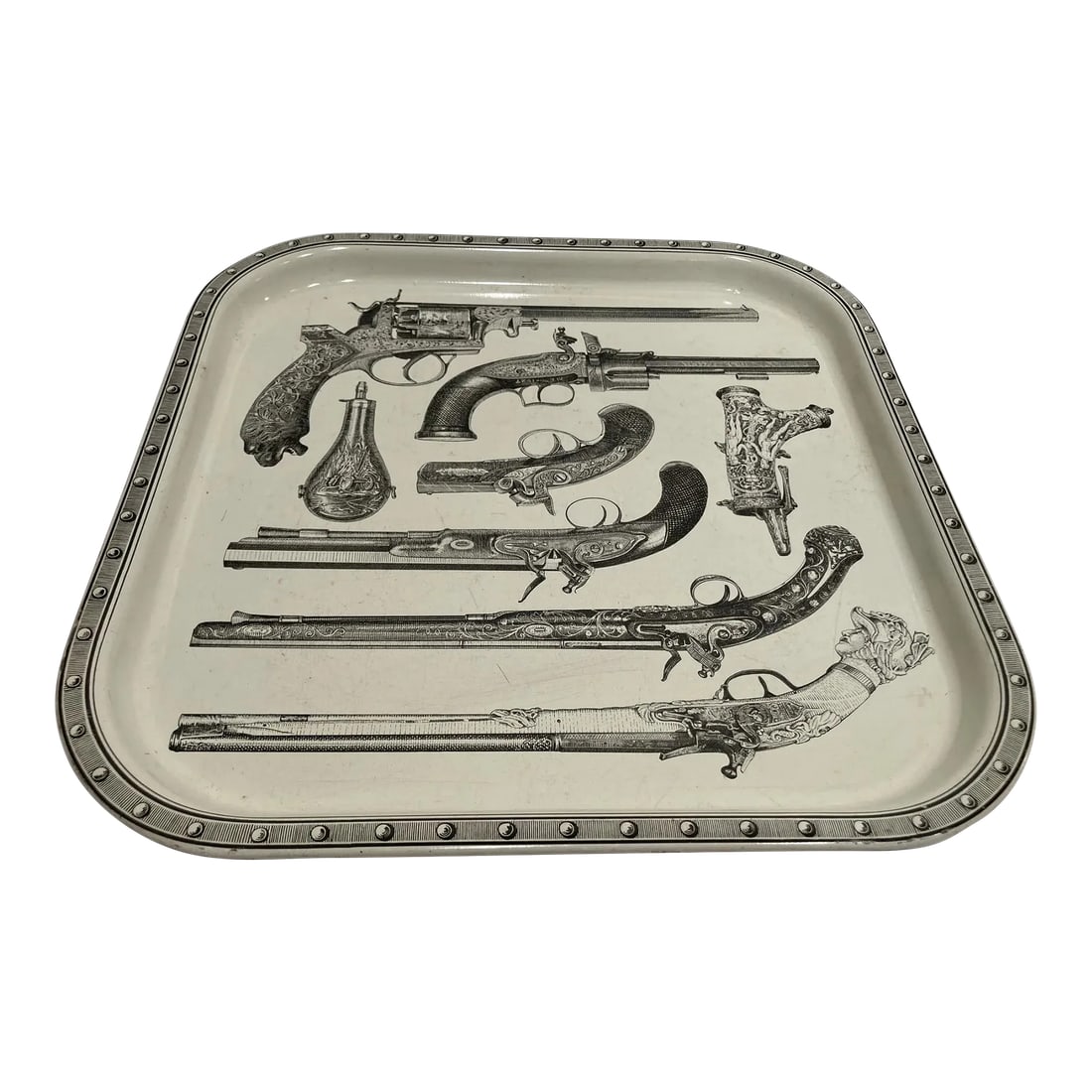 Collectible Barware Metal Serving Tray With Antique Pistols Design Italy 1960s (1 of 12)