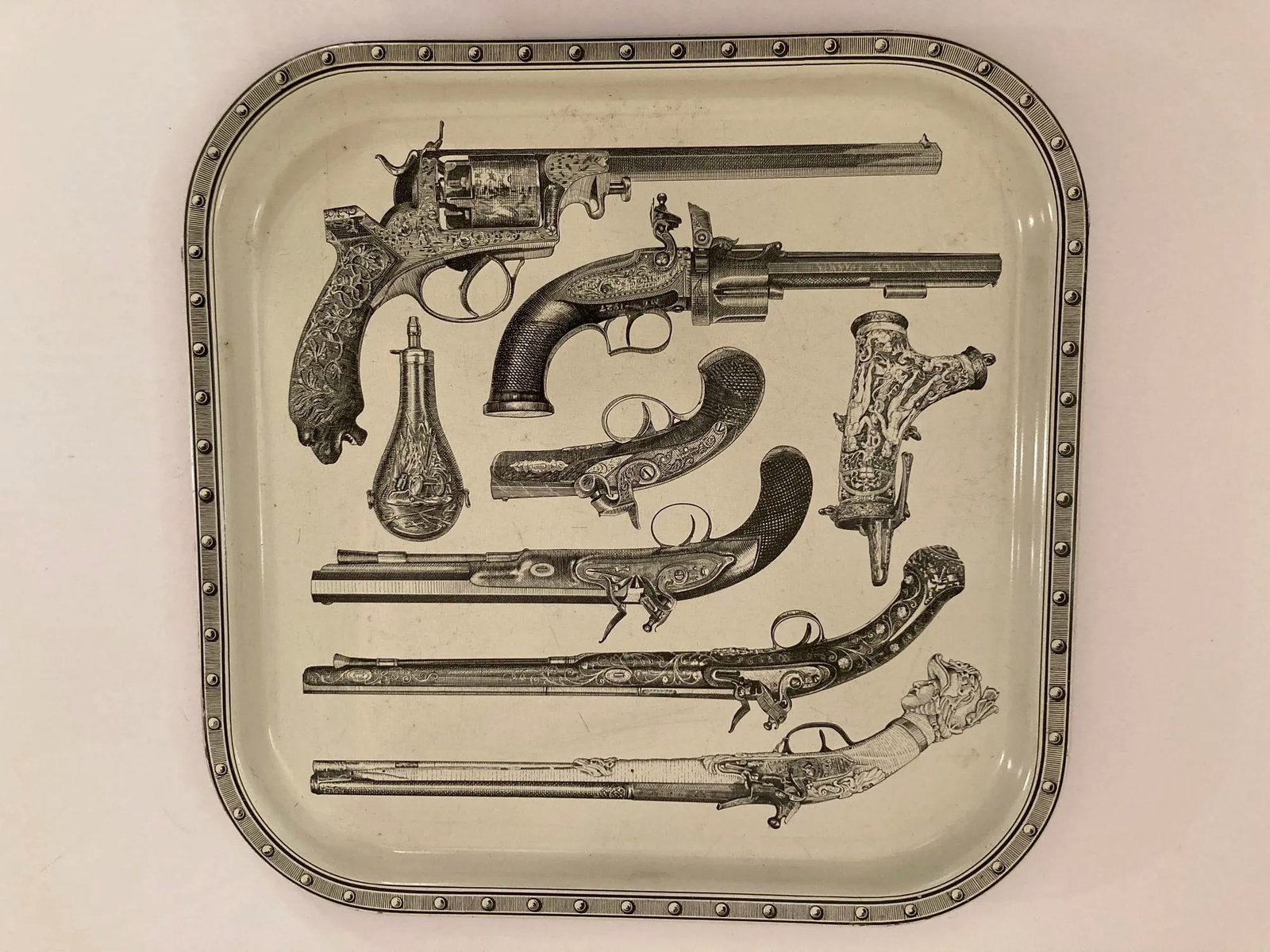 Collectible Barware Metal Serving Tray With Antique Pistols Design Italy 1960s - 2