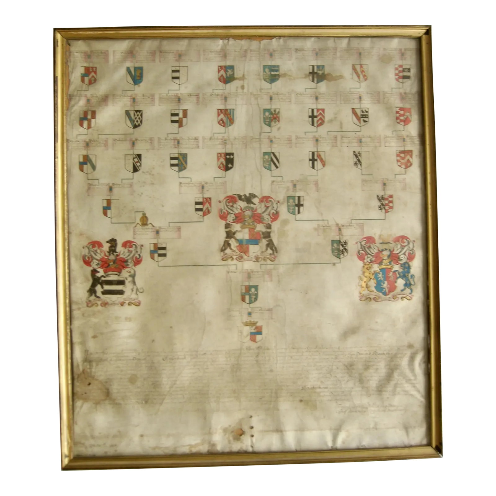 German Genealogist Tree Coat of Arm of a Duke Family Frame: L arge genealogist family tree , of a German Duke noble family with all the family crest and name , all is hand painted and written seems to be on velum , so hard to date but to be safe we would say