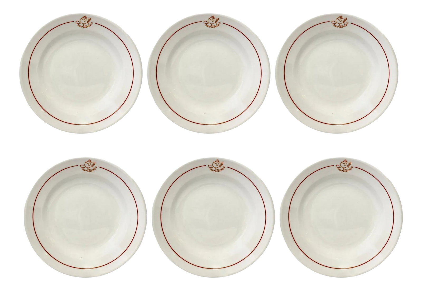 Vintage French Restaurant Bowls, Set of 6: Set of six vintage French restaurant soup plates featuring the iconic 'Chantecler' rooster logo. Crafted from durable ceramic with a crisp white finish and red detailing, these classic French soup
