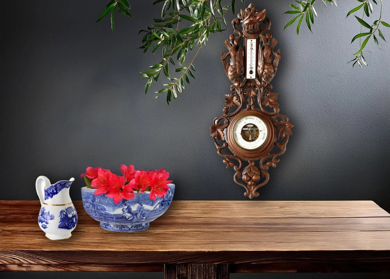 Hand Carved Black Forest Barometer W/Fox & Birds - 2