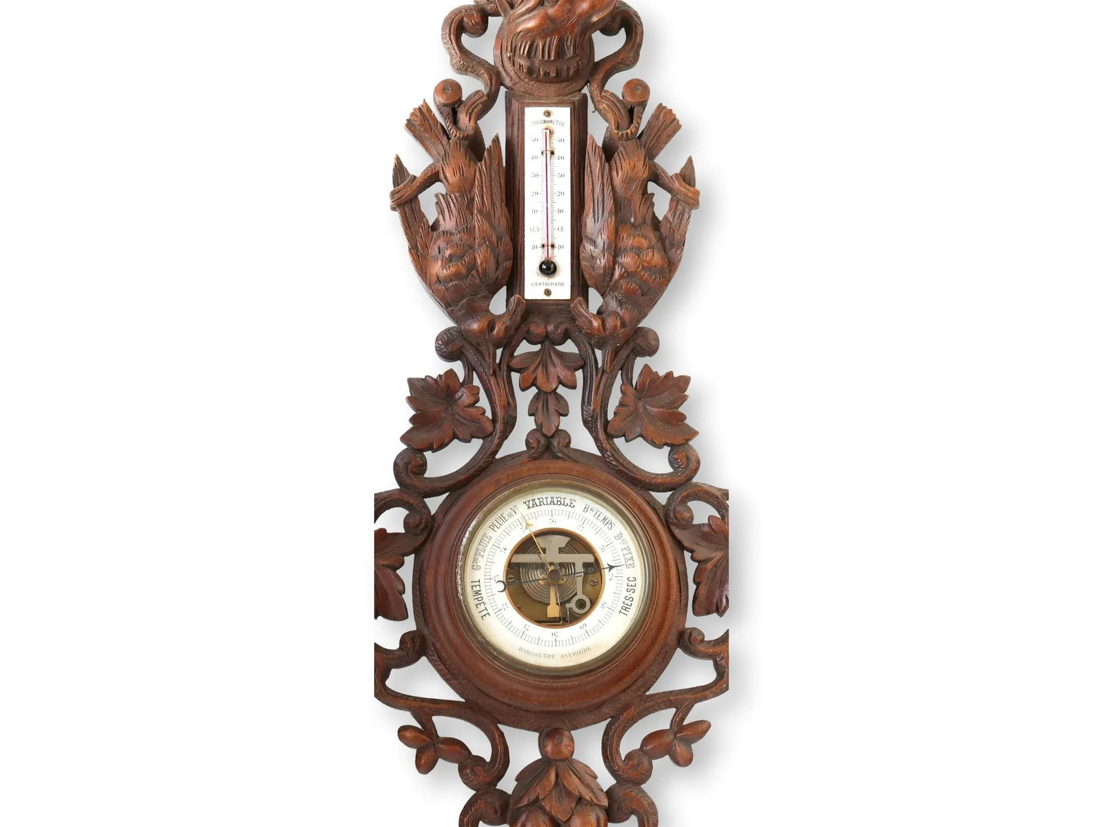Hand Carved Black Forest Barometer W/Fox & Birds - 3