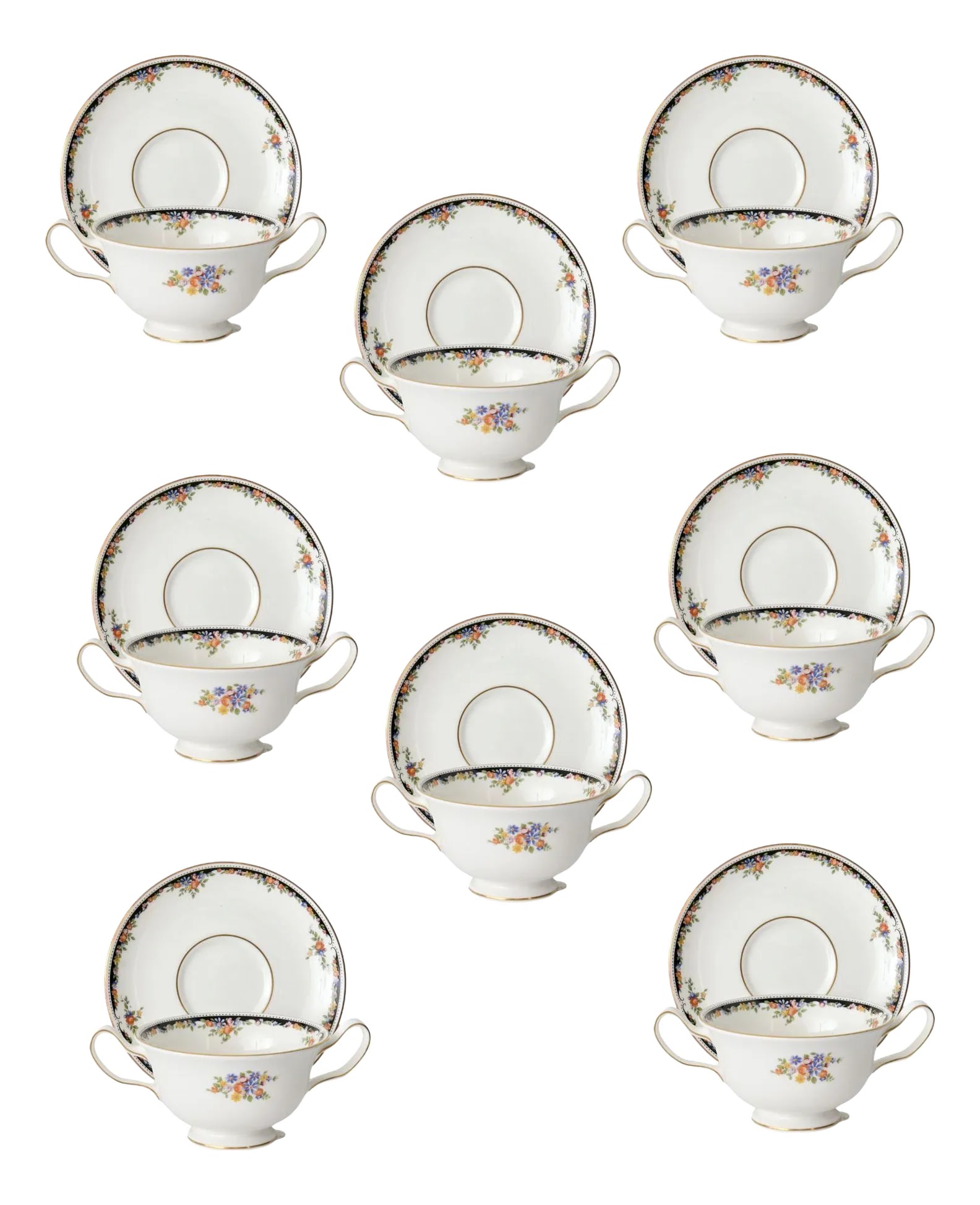 Wedgwood Osborne Cream Soup Svc. for 8: Elegant set of 8 Wedgwood footed cream soup bowl and saucer sets in the collectible Osborne pattern. Featuring delicate floral garlands accented by gold trim, these pieces capture timeless beauty and