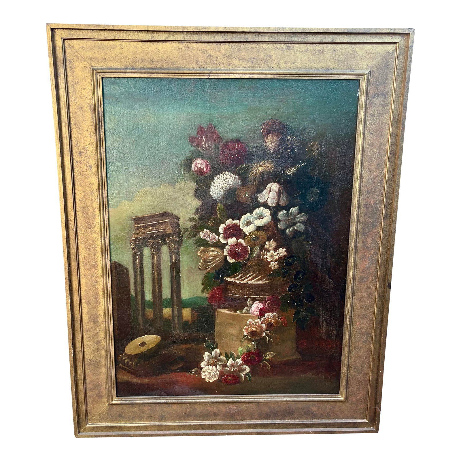 Late 19th Century Large Framed English Mannerist Still Life Painting: Antique floral noir painting with neoclassical elements. C. 1870. *Acquired from the collection of Randall Tysinger (Randall Tysinger Antiques) High Point, NC. Condition: Alterations: Original