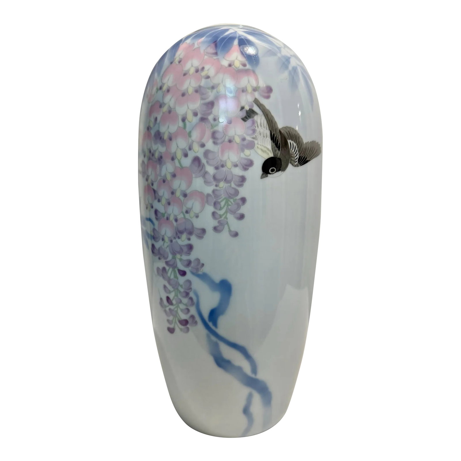 Late 20th Century Fukagawa Japanese Porcelain Wisteria Vase: Standing 12 inches tall in an elegant elongated seed form, the vase's soft palette of lavender, blush pink, and pale blue makes it a versatile statement piece for a shelf, console, or curated
