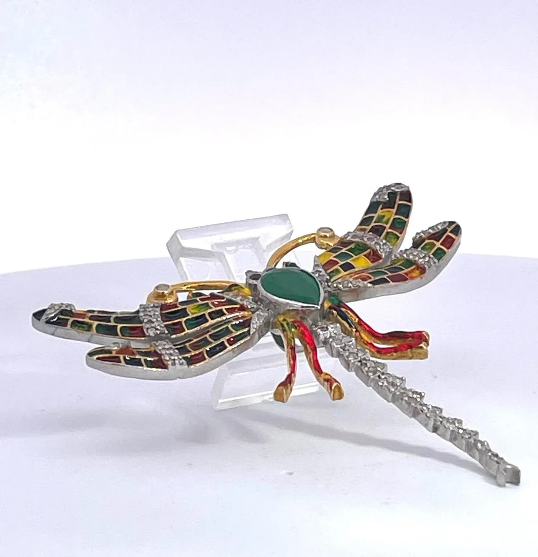 1970s Enamel Dragonfly Diamond Pendant - 10