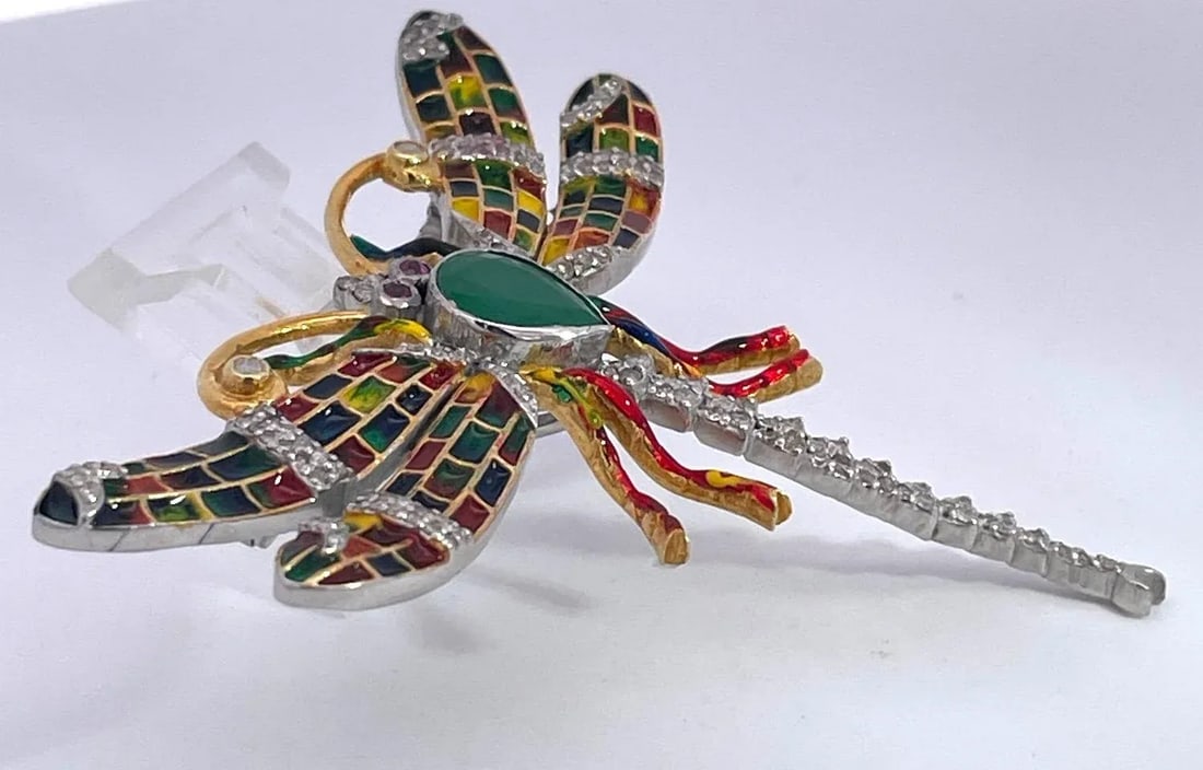 1970s Enamel Dragonfly Diamond Pendant - 11