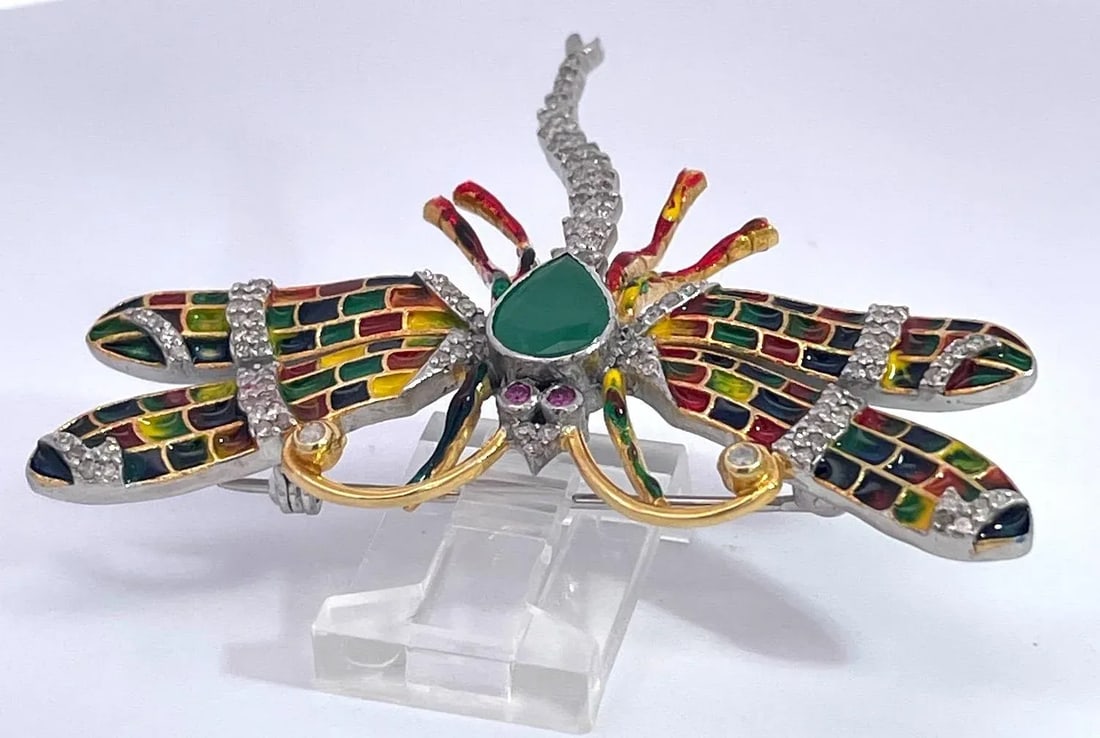 1970s Enamel Dragonfly Diamond Pendant - 3
