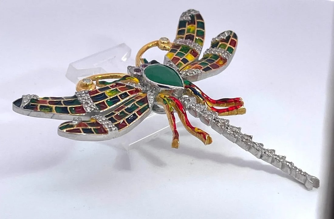 1970s Enamel Dragonfly Diamond Pendant - 6