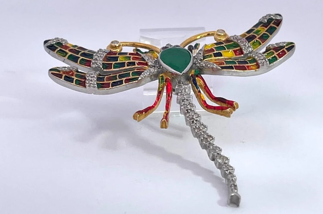 1970s Enamel Dragonfly Diamond Pendant - 7