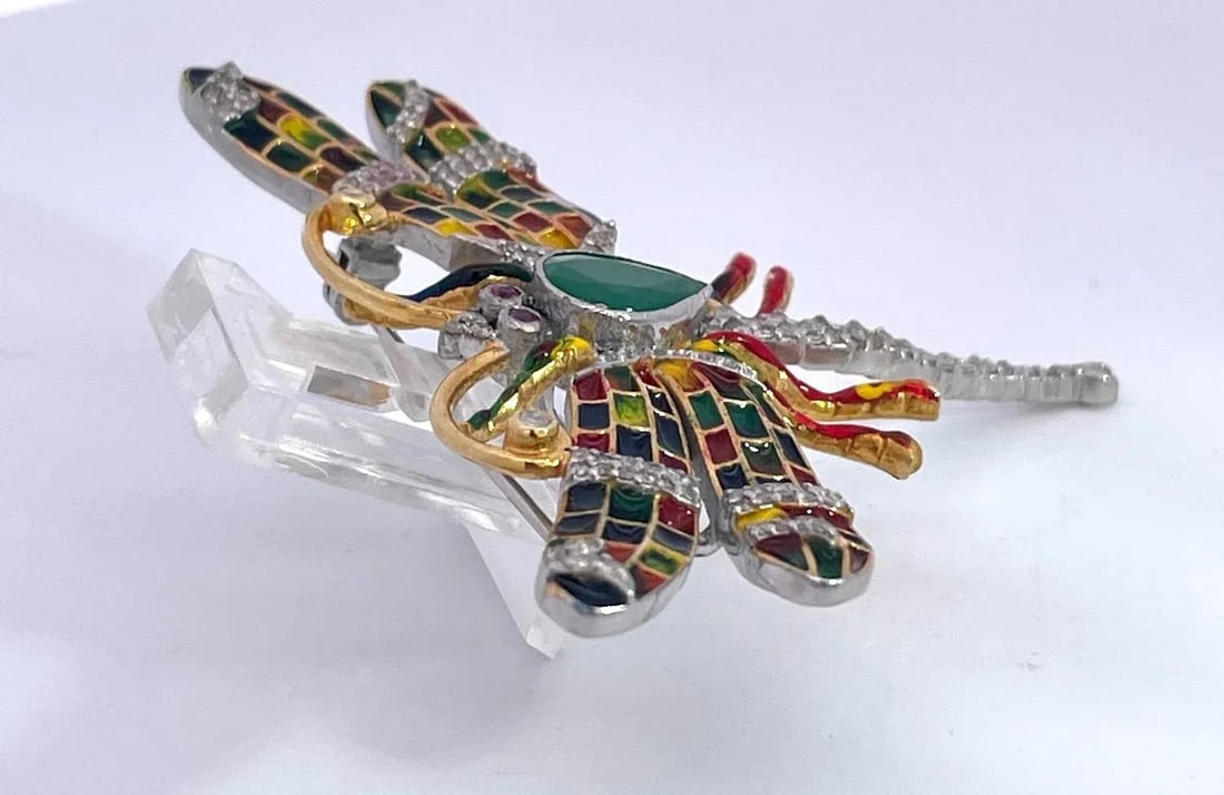 1970s Enamel Dragonfly Diamond Pendant - 8
