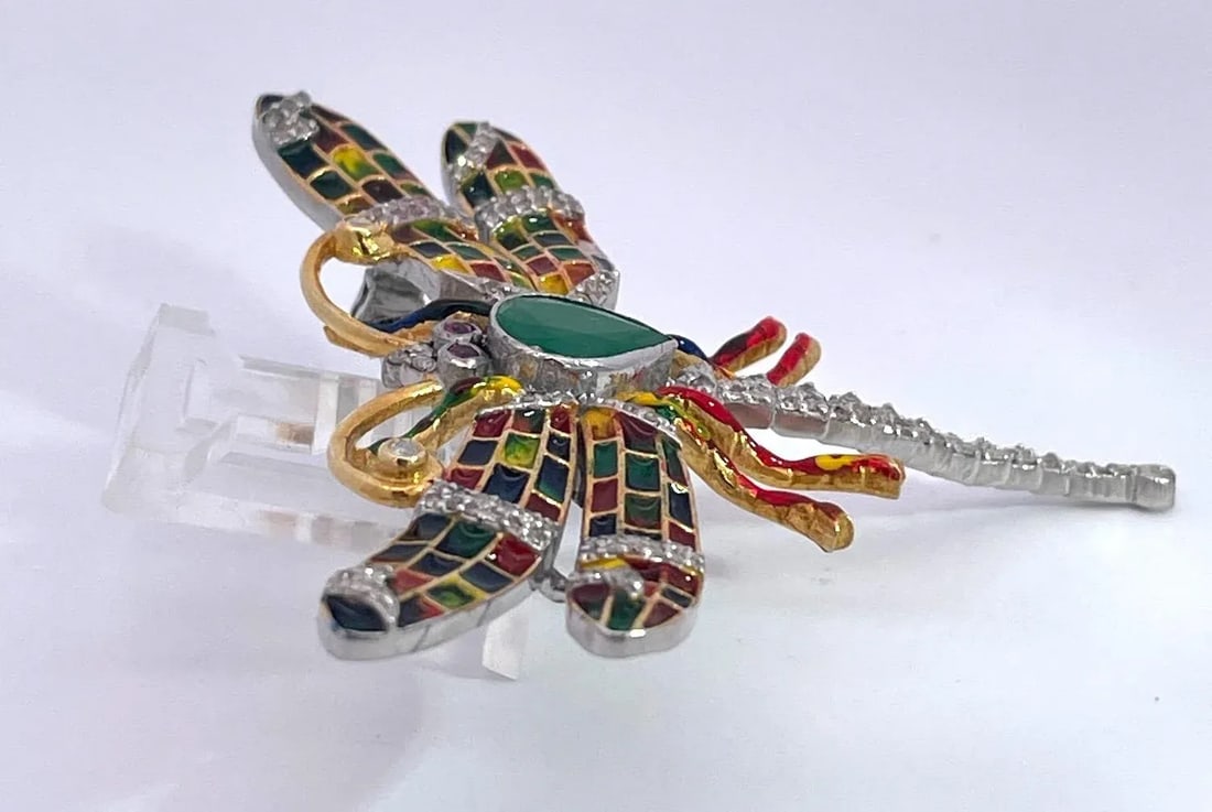 1970s Enamel Dragonfly Diamond Pendant - 9