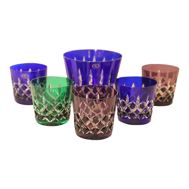 Crystal Colored Barware Rocks Glasses and Ice Bucket Ajka Arabella 1960: Rare AJKA Arabella colored crystal barware rocks glasses and ice bucket, Set of 5 vintage crystal colored glasses and one ice bucket Circa 1960. Add a touch of luxury to your collection with this rare