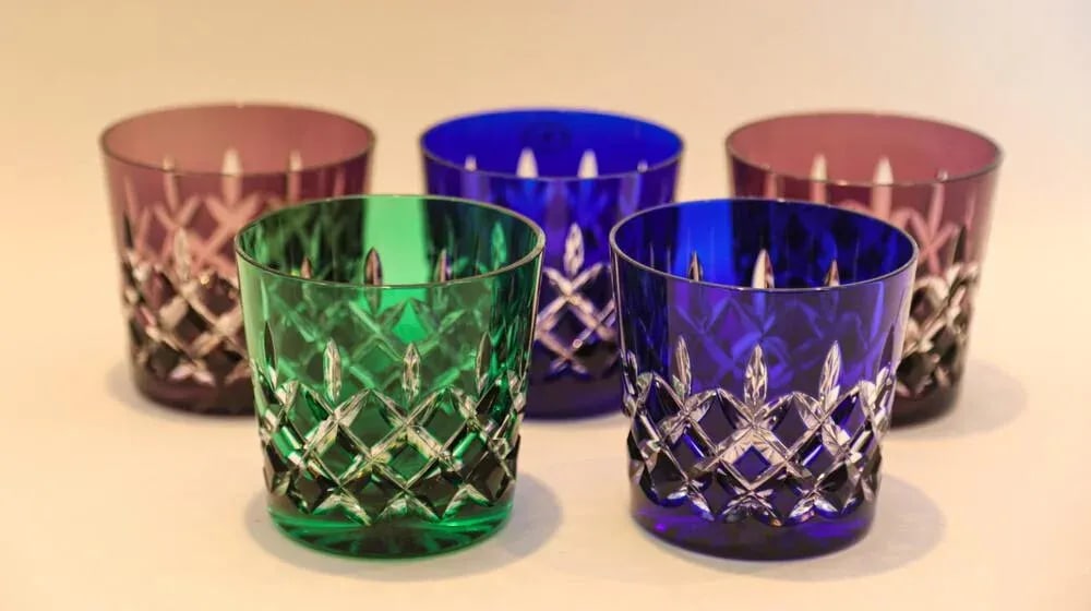 Crystal Colored Barware Rocks Glasses and Ice Bucket Ajka Arabella 1960 - 3