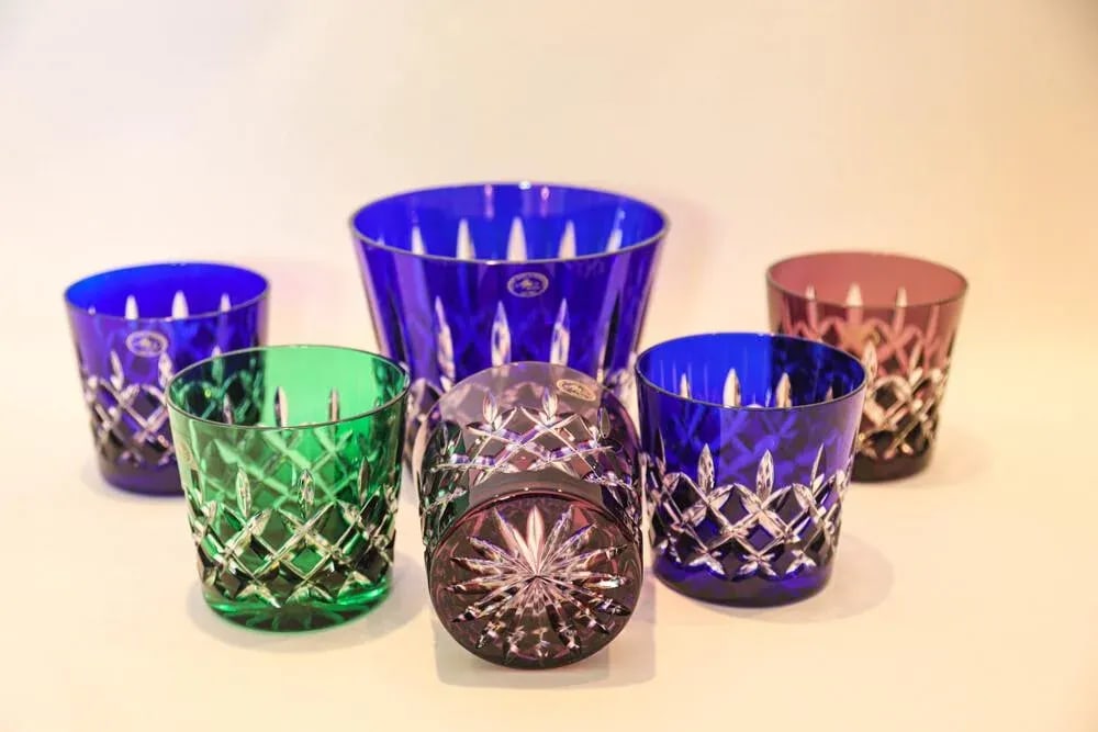 Crystal Colored Barware Rocks Glasses and Ice Bucket Ajka Arabella 1960 - 6