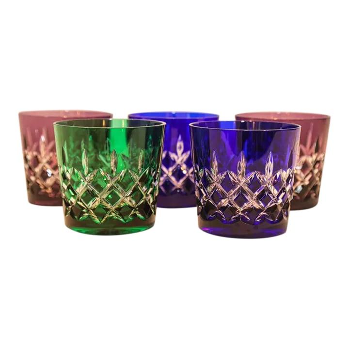 Colored Crystal Old Fashioned Glasses Barware Set of 5 Ajka Arabella Circa 1960: Rare AJKA Arabella Colored Crystal Drinking Glasses, Set of 5 Vintage Barware Circa 1960.Add a touch of luxury to your collection with this rare set of 5 Ajka Arabella colored crystal drinking glasses