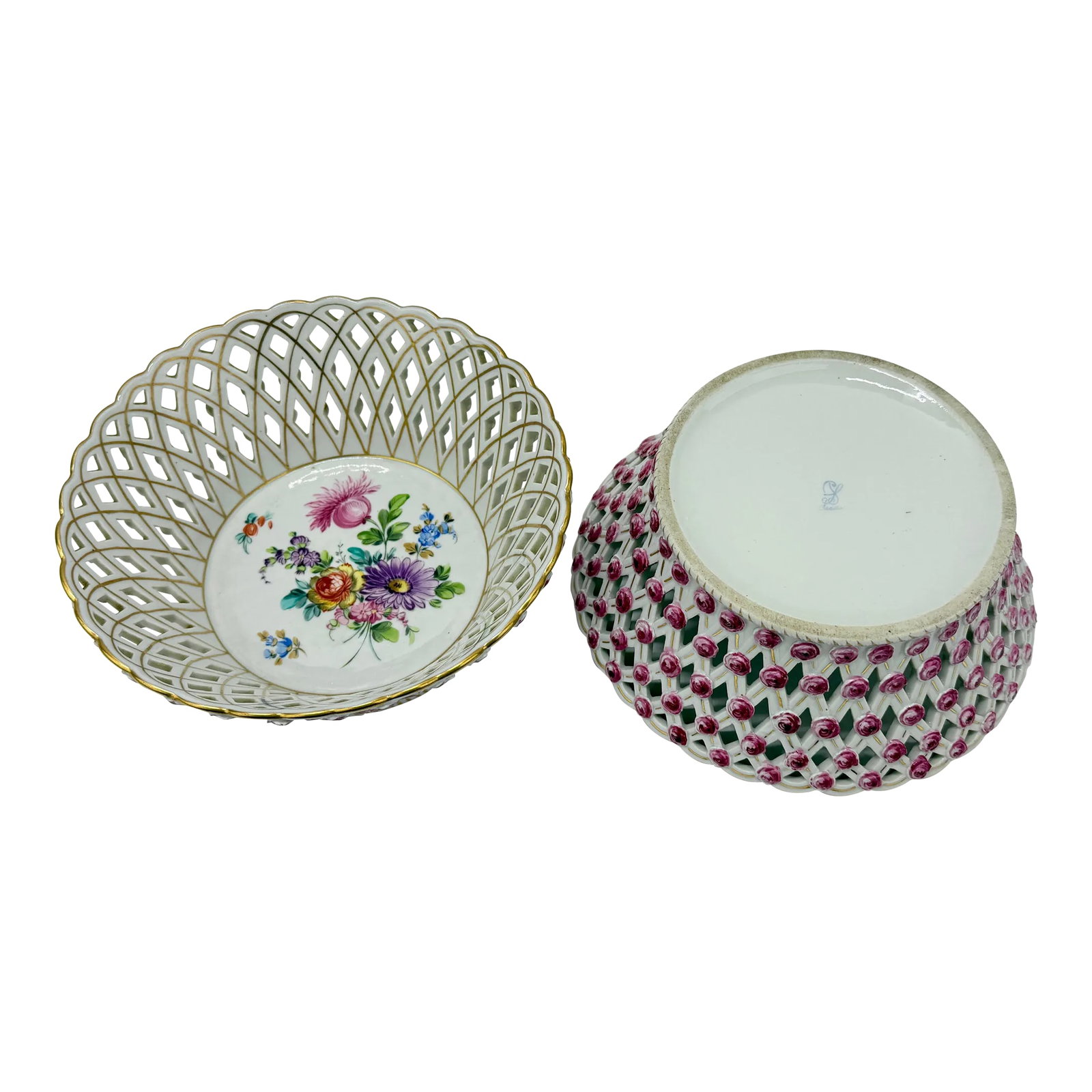 Pair, Fine Dresden Porcelain Reticulated Pierced Rose Bud Baskets C. 1910: This exquisite pair of Dresden porcelain baskets, dating to circa 1910, showcases the exceptional artistry and attention to detail for which Dresden porcelain is celebrated. The interiors of the baske