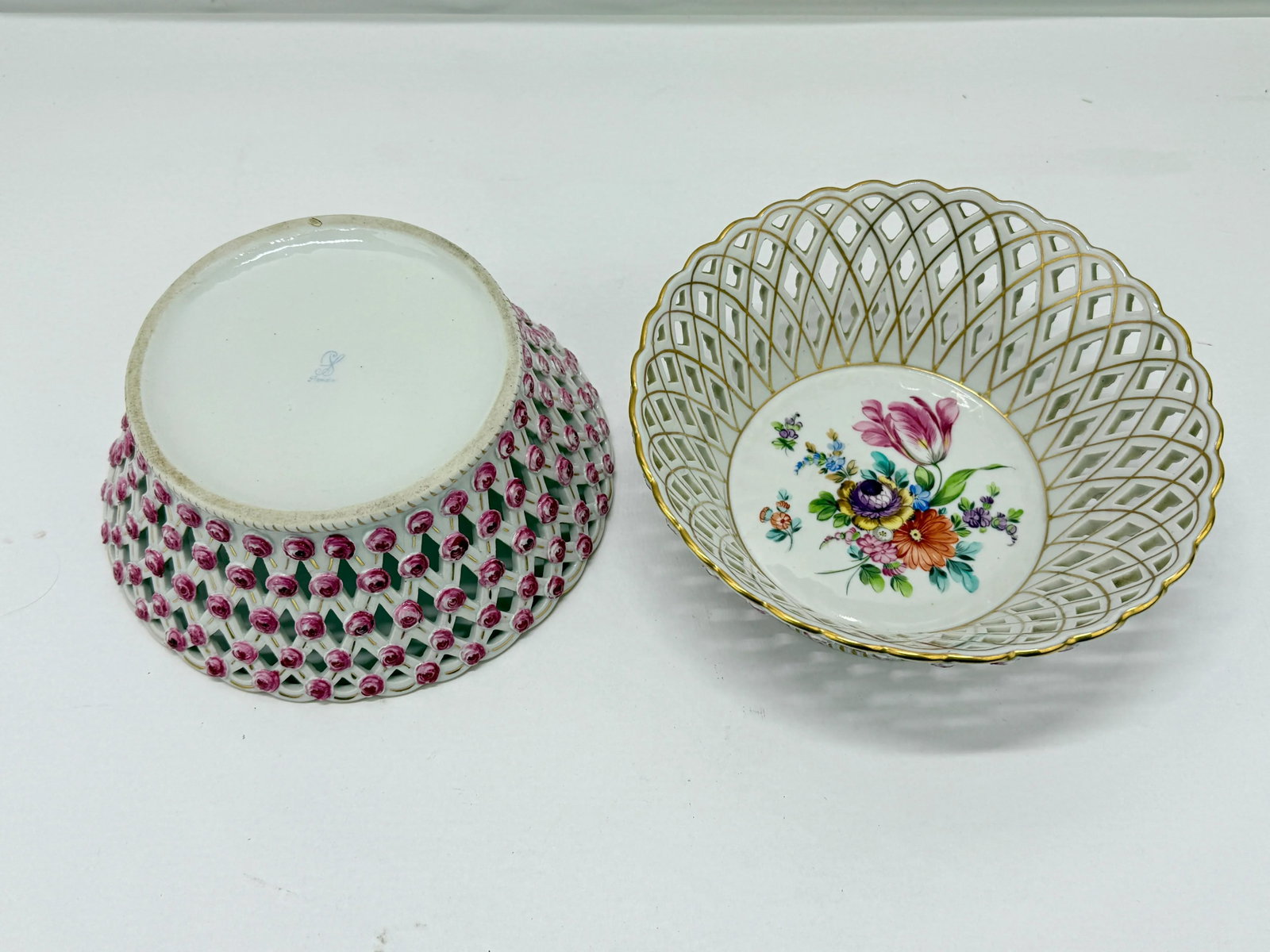 Pair, Fine Dresden Porcelain Reticulated Pierced Rose Bud Baskets C. 1910 - 2