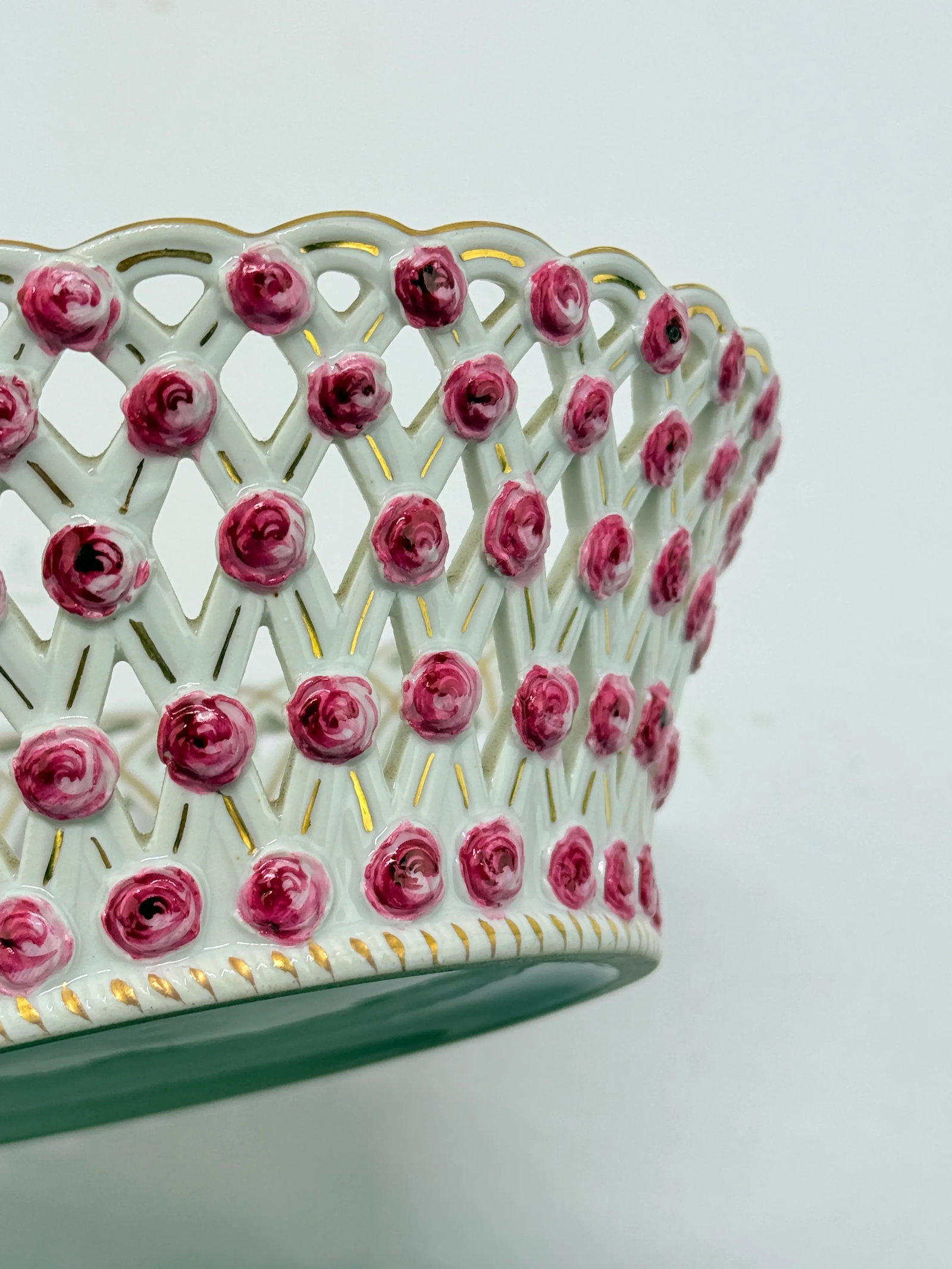 Pair, Fine Dresden Porcelain Reticulated Pierced Rose Bud Baskets C. 1910 - 7