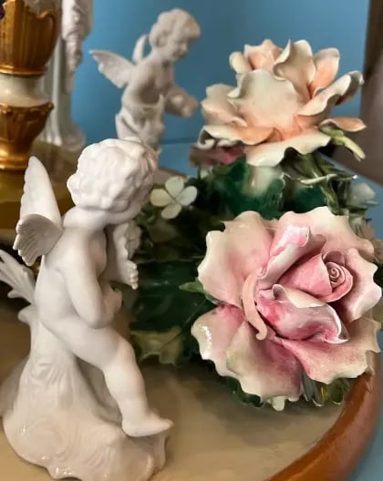 MInton Dresden Capodimonte Bisque Maiden and Cherub Floral Porcelain Figural Table Lamp - 10