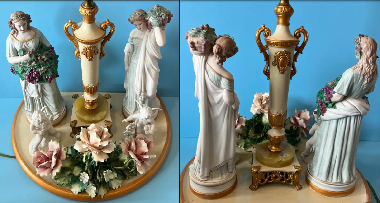 MInton Dresden Capodimonte Bisque Maiden and Cherub Floral Porcelain Figural Table Lamp - 11