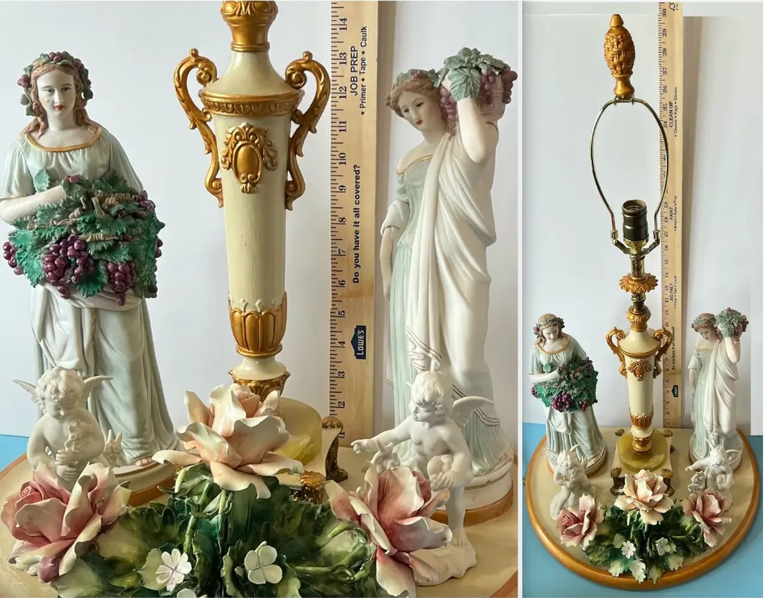 MInton Dresden Capodimonte Bisque Maiden and Cherub Floral Porcelain Figural Table Lamp - 12