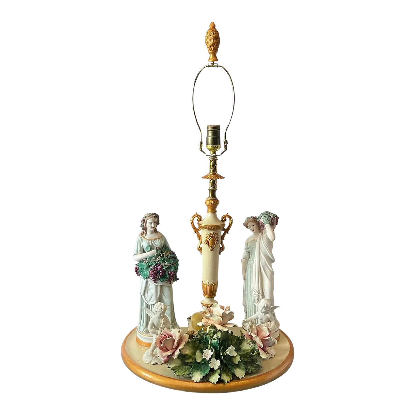 MInton Dresden Capodimonte Bisque Maiden and Cherub Floral Porcelain Figural Table Lamp: This extraordinary, one-of-a-kind lamp is a stunning fusion of antique and mid-century elements, masterfully crafted from several rare and intricate pieces. At the heart of the lamp is an Antique Remb