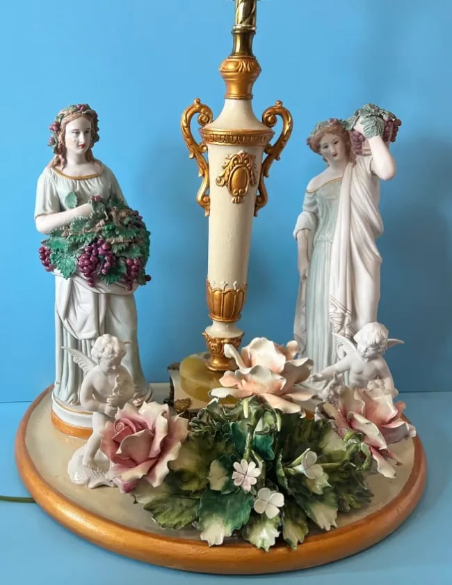 MInton Dresden Capodimonte Bisque Maiden and Cherub Floral Porcelain Figural Table Lamp - 2
